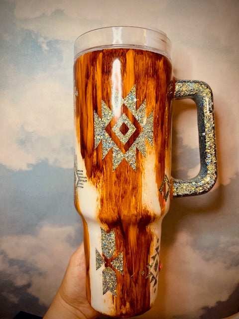 Western Glitter/Woodgrain 40 oz  Stainless Steel Tumbler